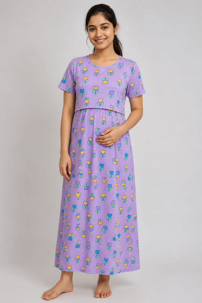 Lavender Tulip Print Maternity Maxi