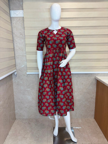 Maroon Elephant Print Non Feeding Centre Zip Maxi