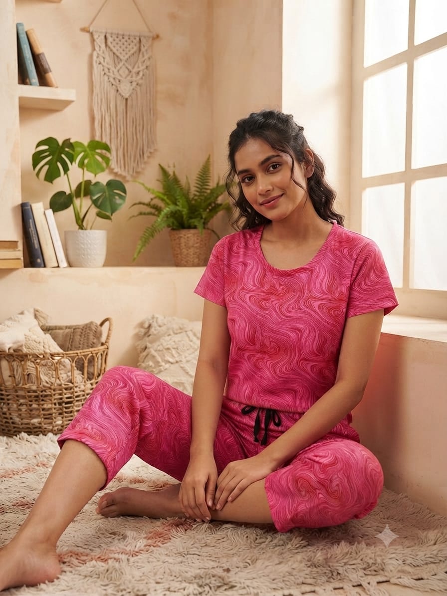 Magenta Pink Marble Swirl Print T-Shirt with 3/4th Co-ords