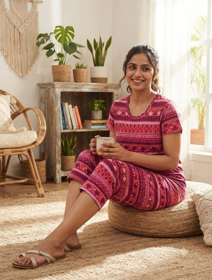 Raspberry Wine Tribal Geometric Print T-Shirt with 3/4th Co-ords