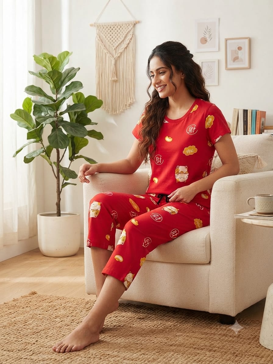 Cherry Red Lucky Cat Print T-Shirt with 3/4th Co-ords