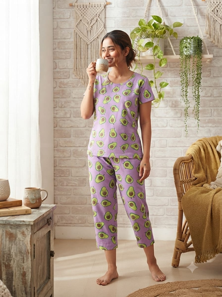 Lavender Purple Avocado Print T-Shirt with 3/4th Co-ords
