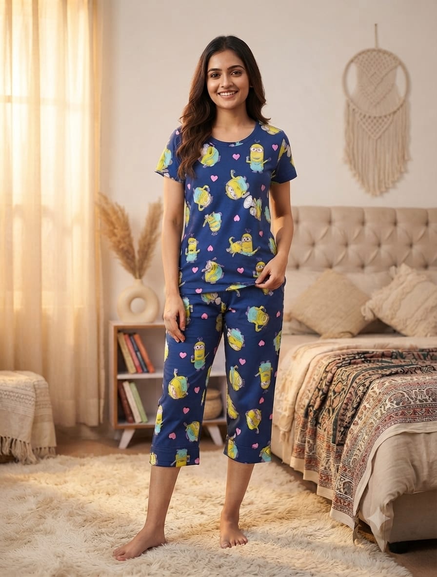 Navy Blue Cartoon Character T-Shirt with 3/4th Co-ords