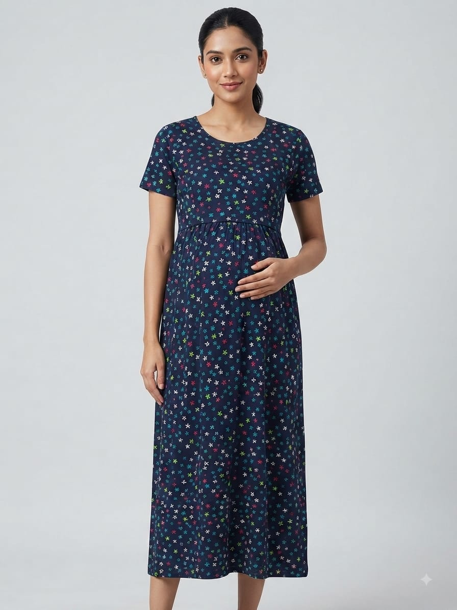 Navy Blue Tiny Floral Print Maternity Maxi