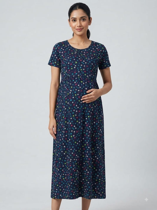 Navy Blue Tiny Floral Print Maternity Maxi