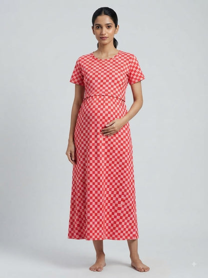 Coral Pink Checkerboard Maternity Maxi