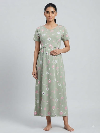 Sage Green Mini Floral Print Maternity Maxi