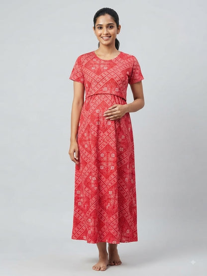 Coral Red Bandhani Floral Print Maternity Maxi