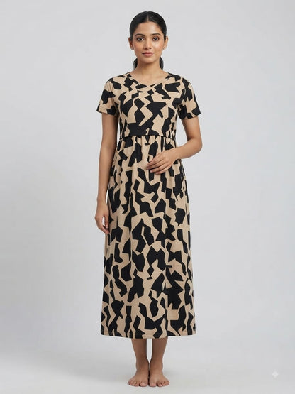 Beige Abstract Geometric Print Maternity Maxi