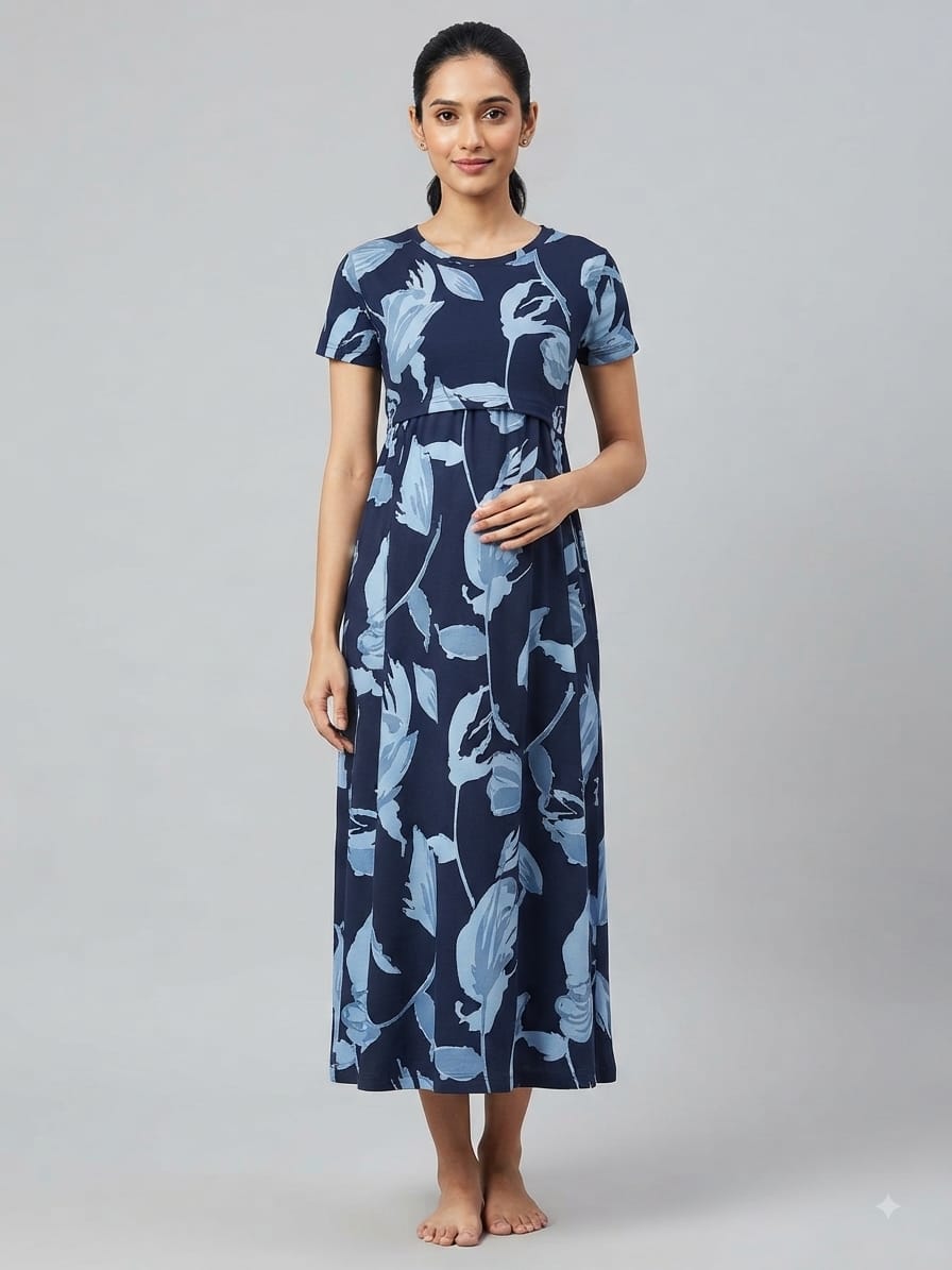 Navy Blue Abstract Floral Print Maternity Maxi