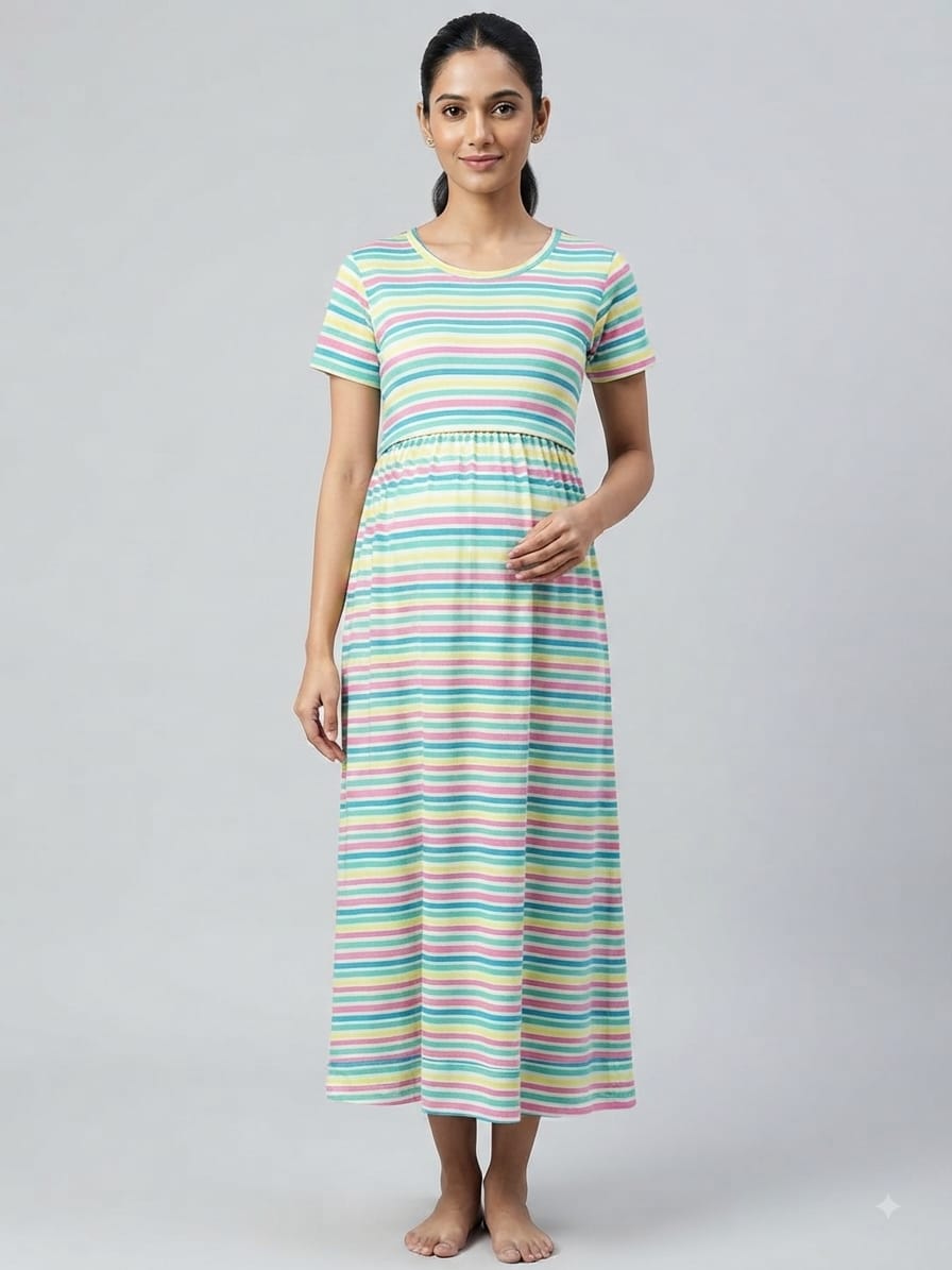 Pastel Multicolor Rainbow Stripe Maternity Maxi