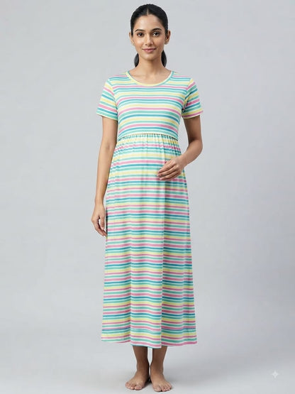 Pastel Multicolor Rainbow Stripe Maternity Maxi