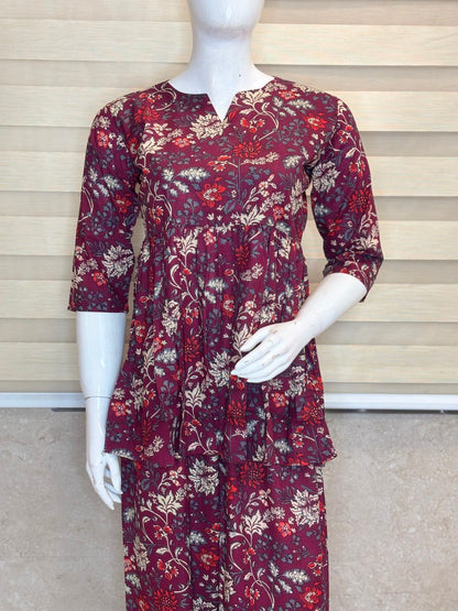 Maroon Floral Peplum Palazzo Set