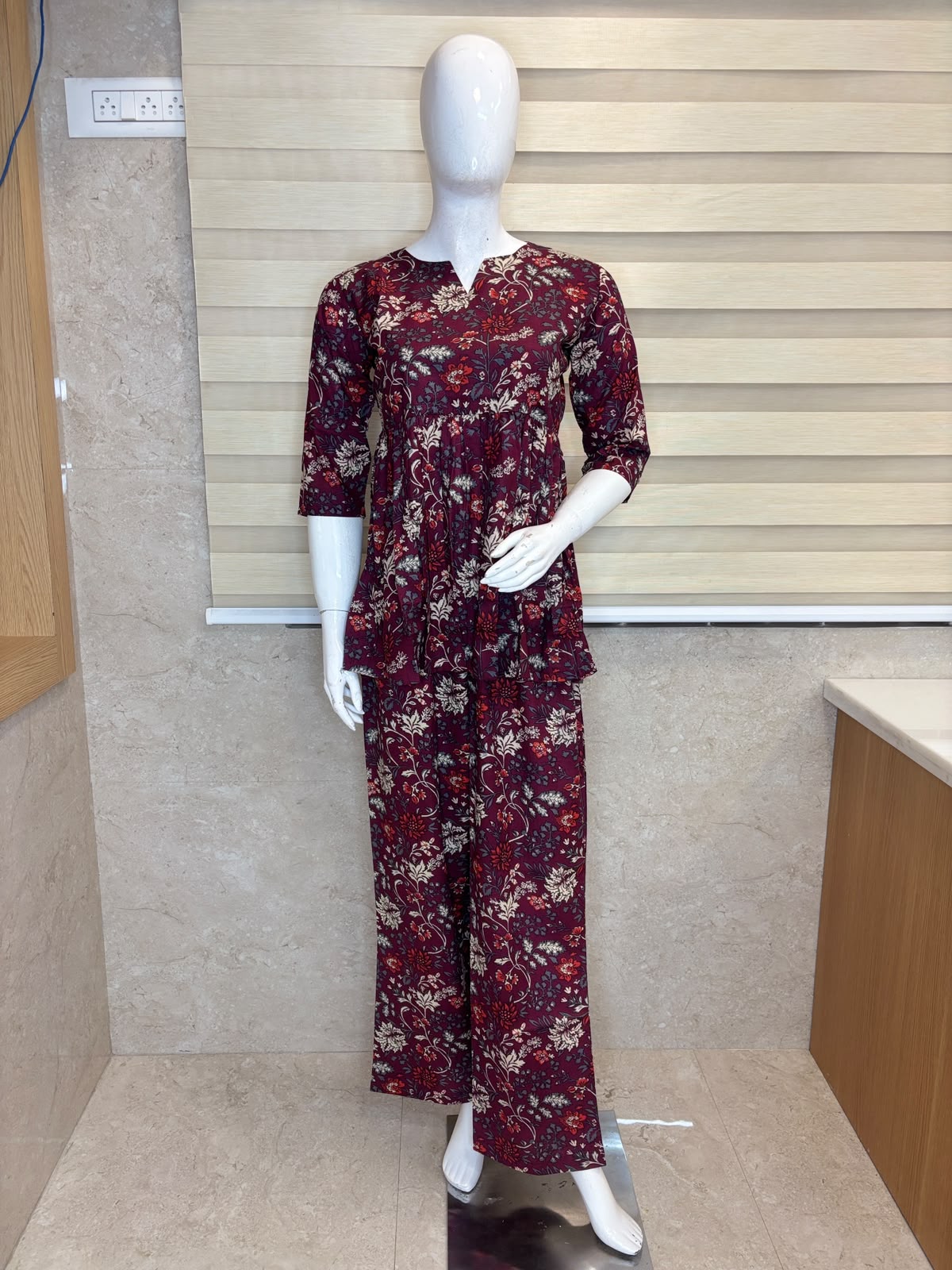 Maroon Floral Peplum Palazzo Set