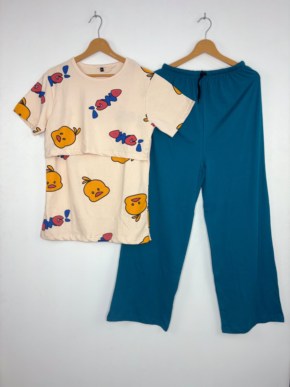 Cream Duck Print Feeding T-Shirt with Teal Palazzo