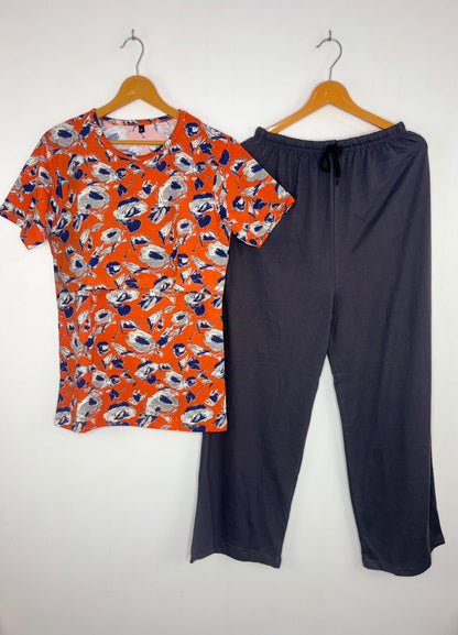 Orange Abstract Print Feeding T-Shirt with Grey Palazzo