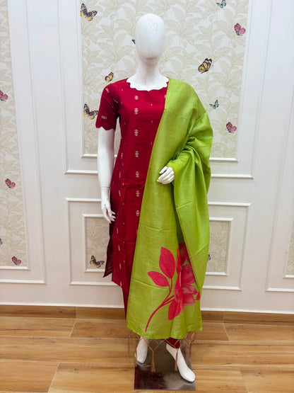 Deep Maroon & Lime Green Printed Women’s 3 Piece Set