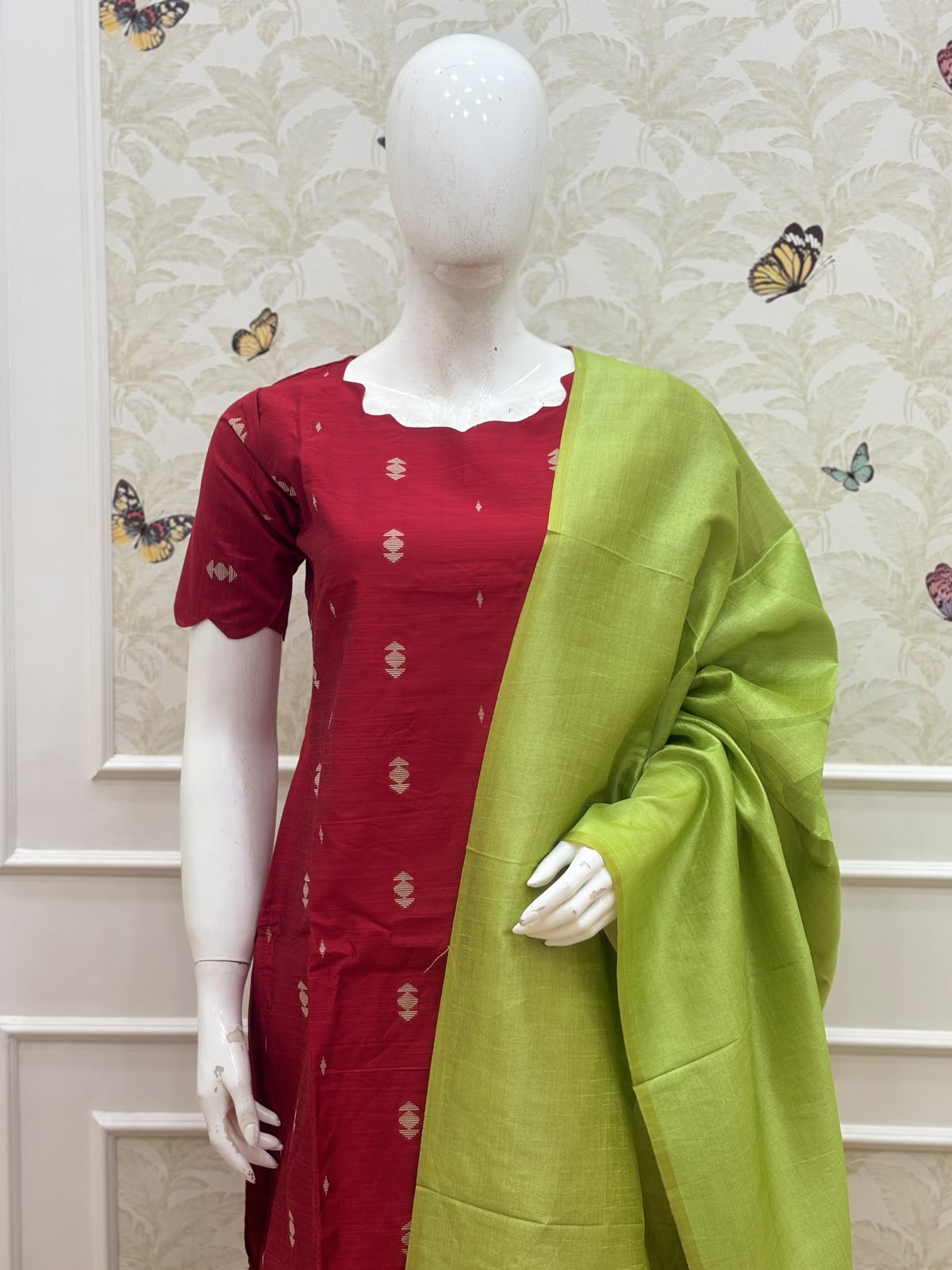 Deep Maroon & Lime Green Printed Women’s 3 Piece Set