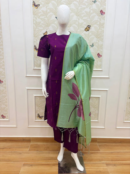 Wine Purple & Mint Green Printed Women’s 3 Piece Set