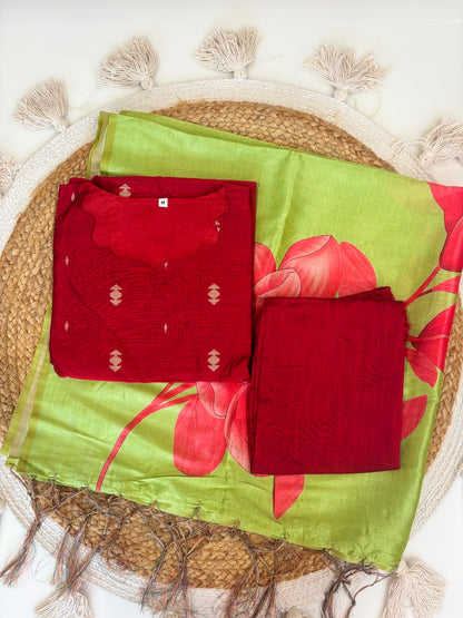 Deep Maroon & Lime Green Printed Women’s 3 Piece Set