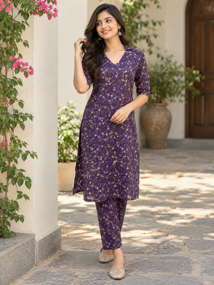 Royal Purple Floral Kalamkari Kurta Set