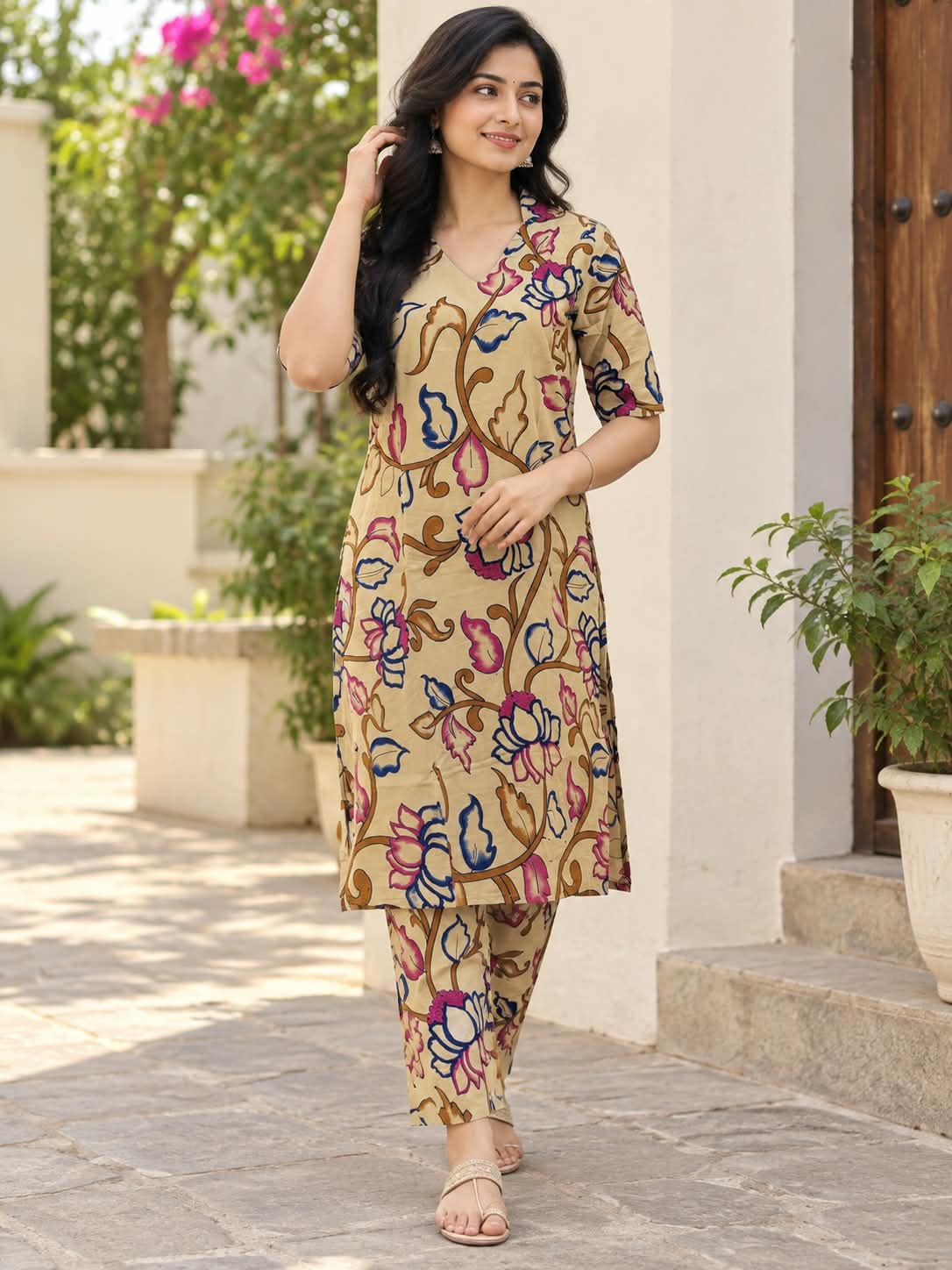 Beige Multicolor Floral Kalamkari Kurta Set