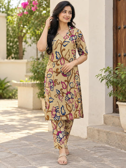 Beige Multicolor Floral Kalamkari Kurta Set