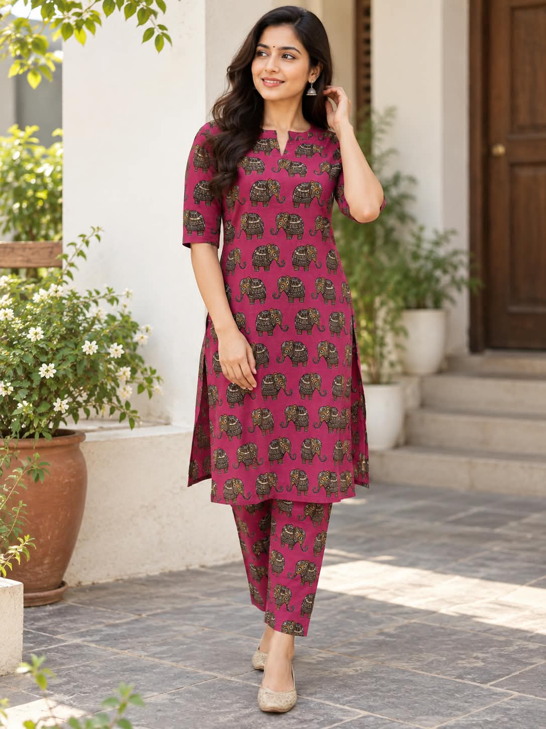 Magenta Elephant Kalamkari Kurta Set