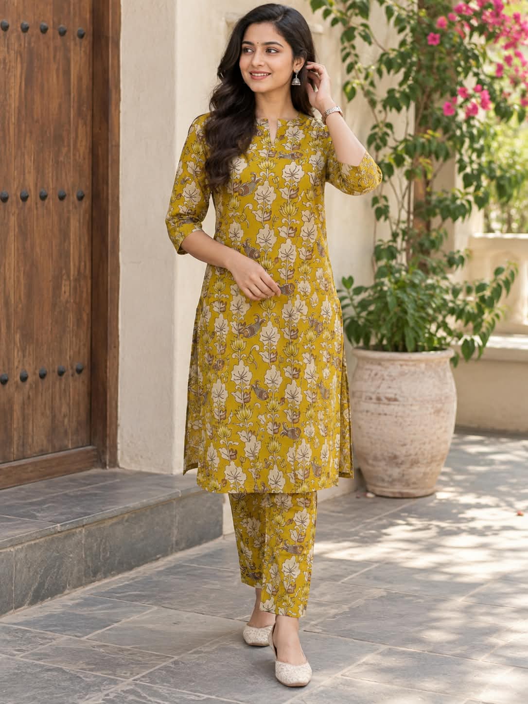 Mustard Yellow Floral Kalamkari Kurta Set
