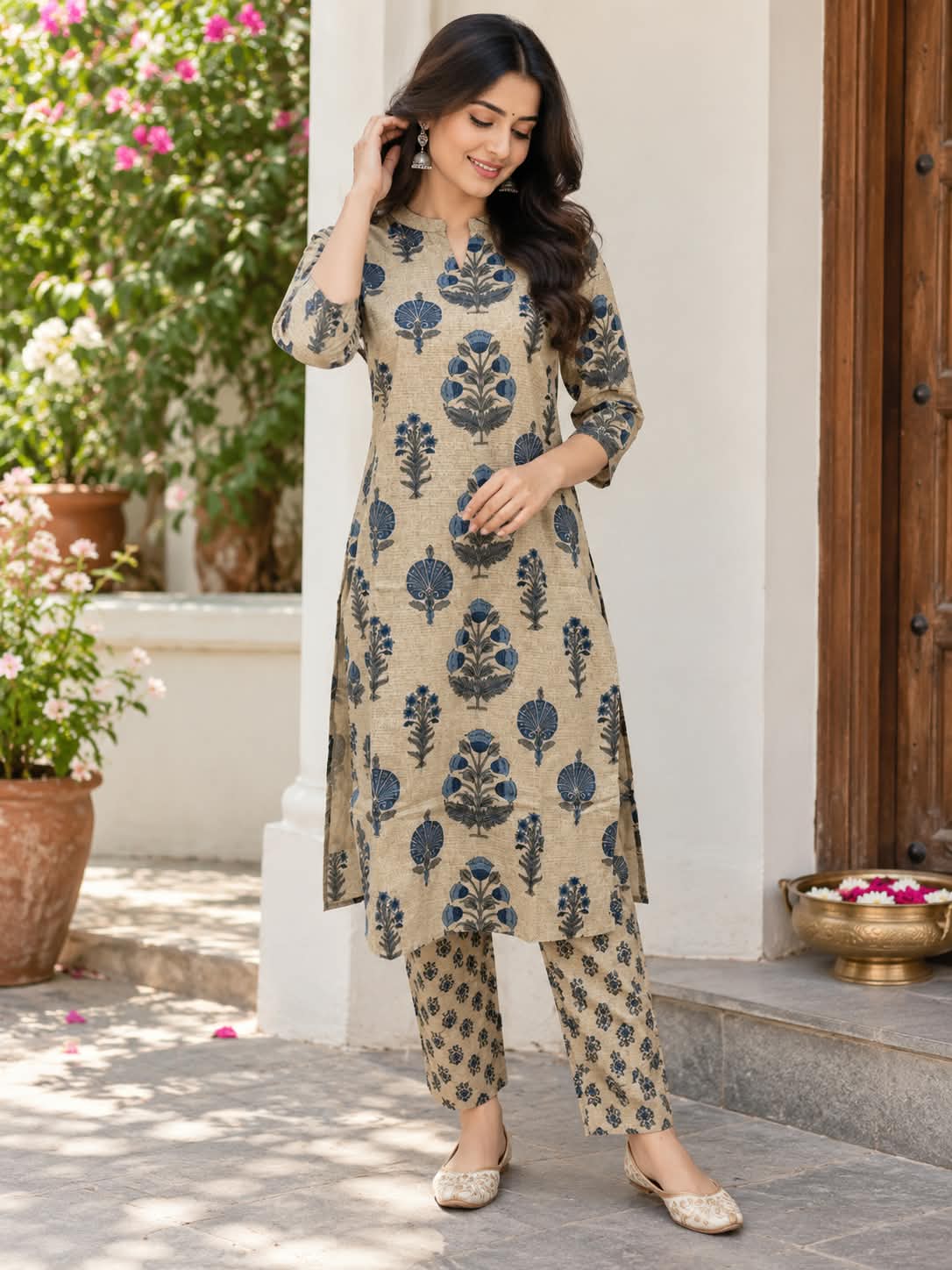 Beige & Navy Blue Floral Block Print Kurta Set
