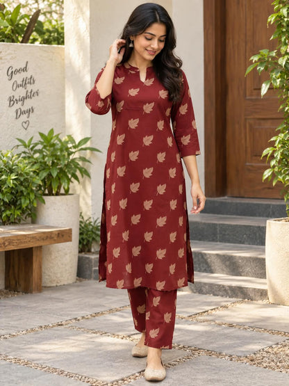 Maroon Leaf Print Kurta Set