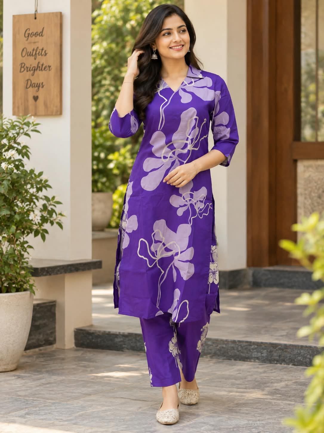 Royal Purple Abstract Floral Print Kurta Set