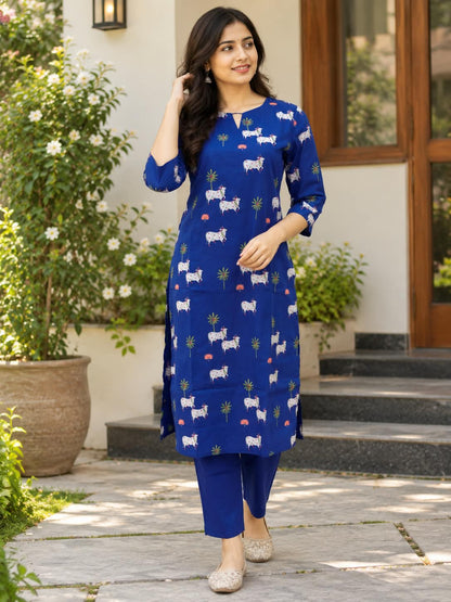 Royal Blue Animal Motif Printed Kurta Set
