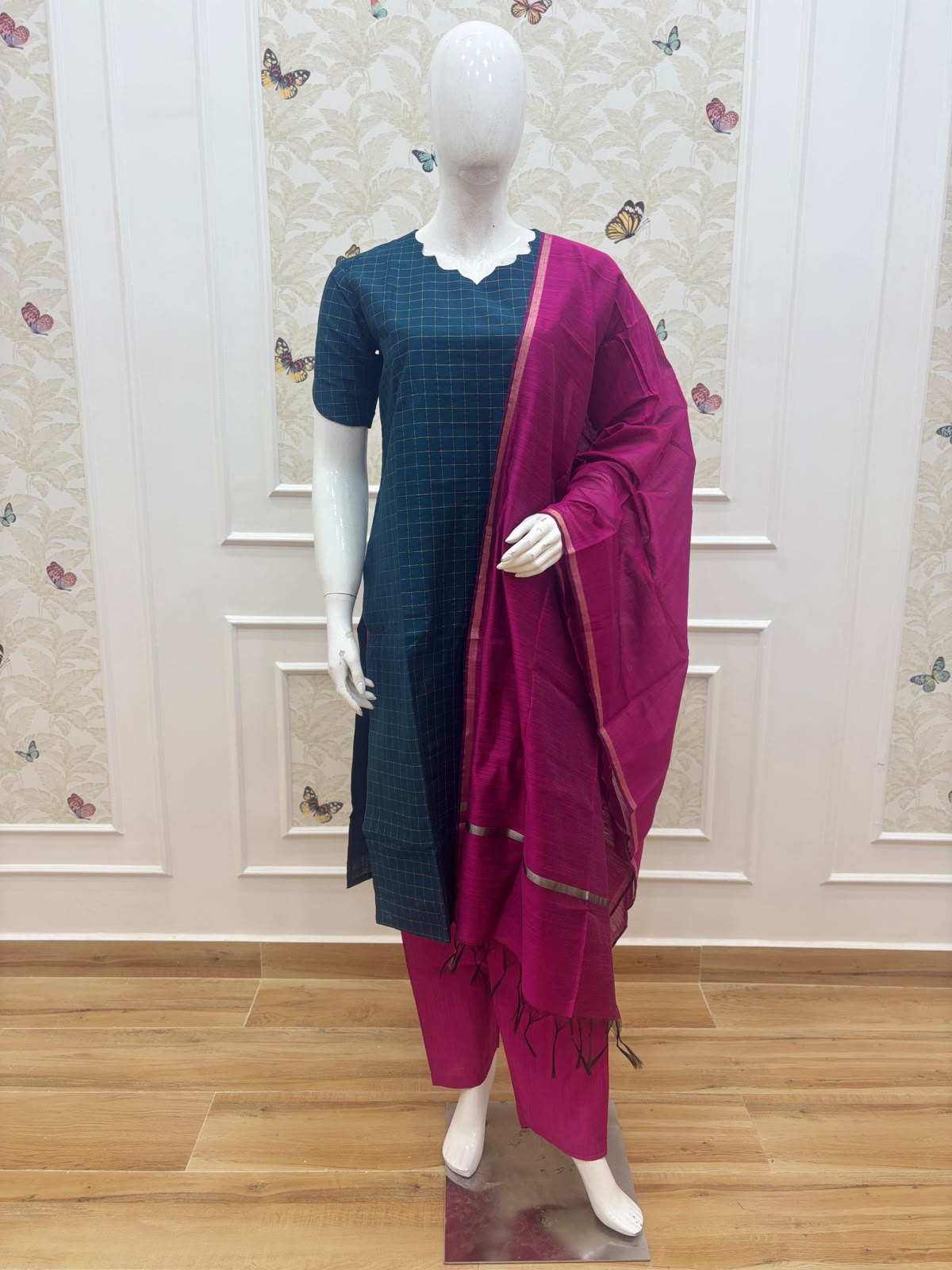 Teal Check Magenta 3-Piece Silk Cotton Set