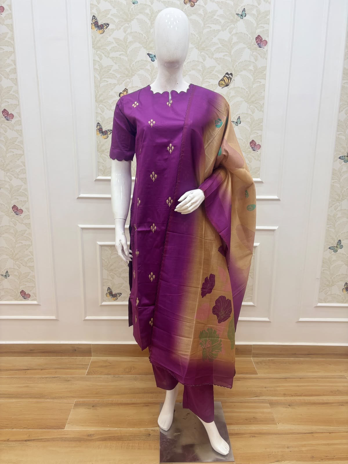 Royal Purple Floral Silk Cotton 3-Piece Set