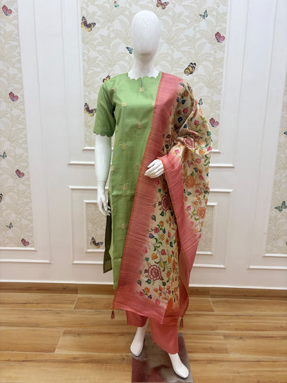 Olive Bloom Silk Cotton 3-Piece Set