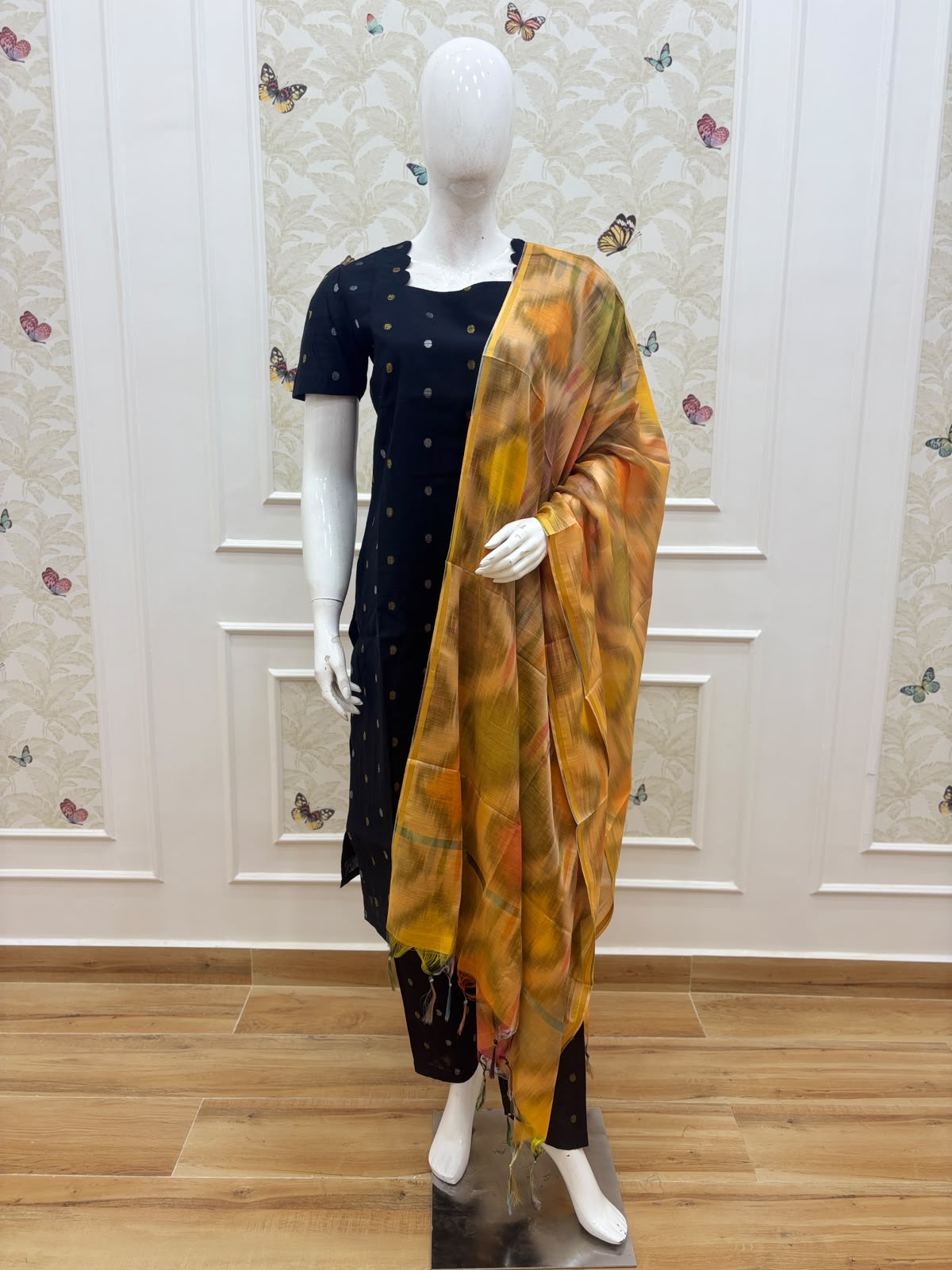 Navy Mustard Polka Dot & Abstract Checks Abstract 3-Piece Set