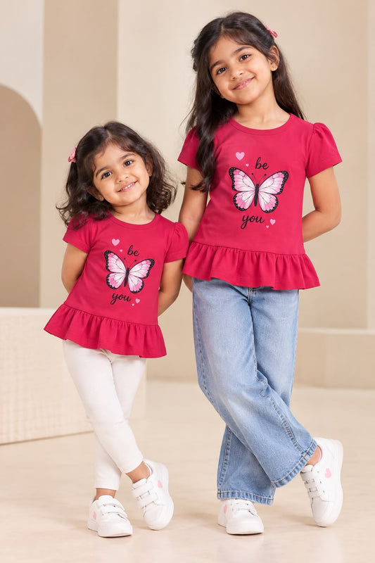 Red Butterfly Print Girls Tops