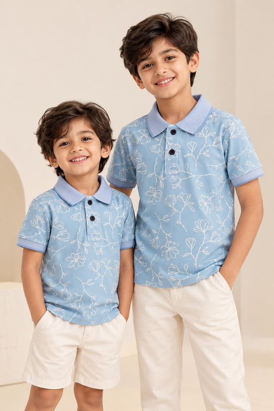 Powder Blue Floral Print Kids Polo Collar T-Shirt