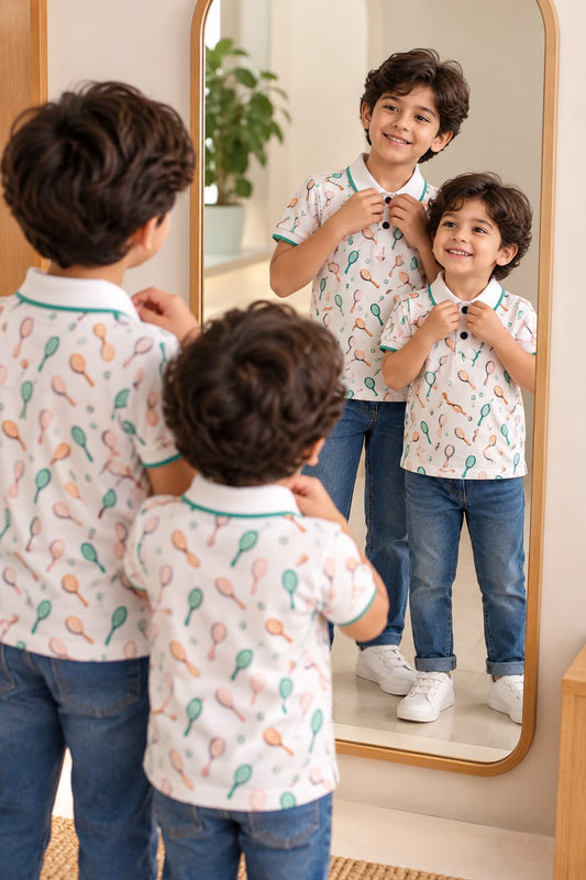 Classic White Tennis Racket Print Kids Polo Collar T-Shirt