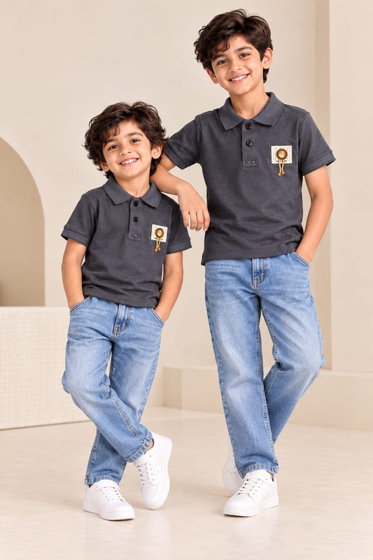 Charcoal Grey Solid Kids Polo Collar T-Shirt