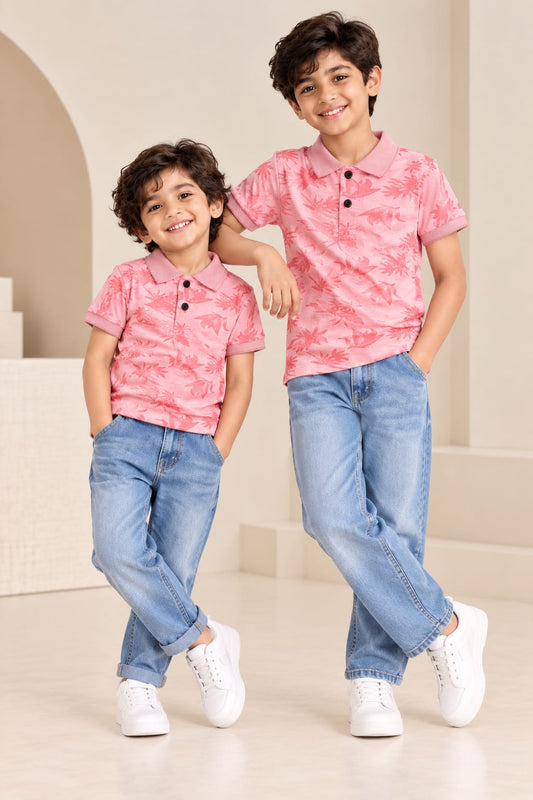 Blush Pink Tropical Leaf Print Kids Polo Collar T-Shirt