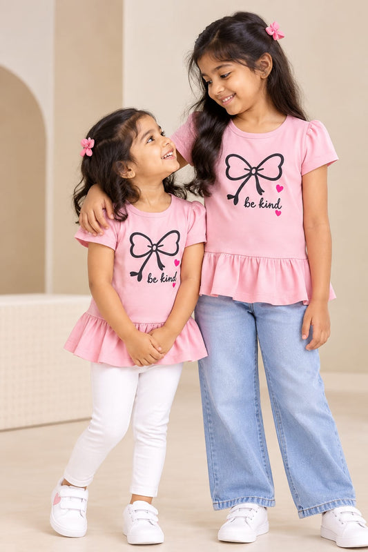 Blush Pink Be Kind Bow Frill Girls Tops