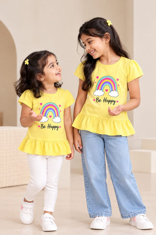 Yellow Rainbow Be Happy Print Girls Tops