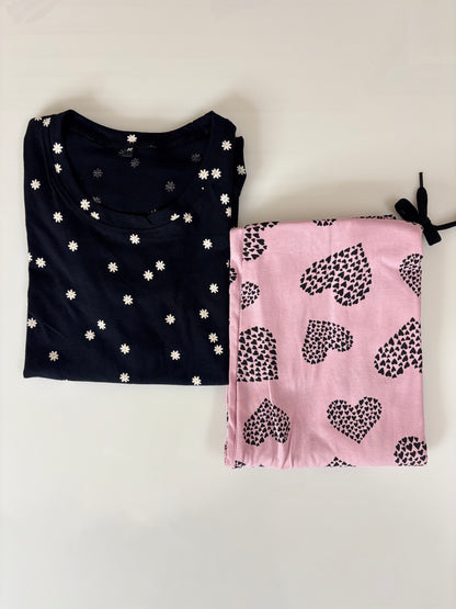 Navy Blue and White Floral Printed T-shirt with Pink Heart Combo Pant Set