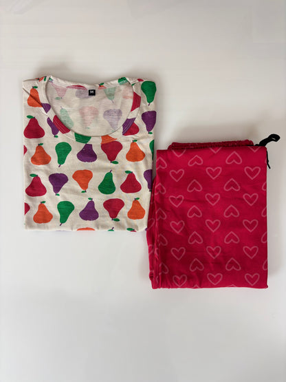 White and Multicolor Pear Printed T-shirt with Pink Heart Combo Pant Set