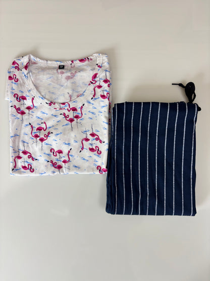 White and Pink Flamingo Printed T-shirt with Navy Blue Striped Combo Pant Set