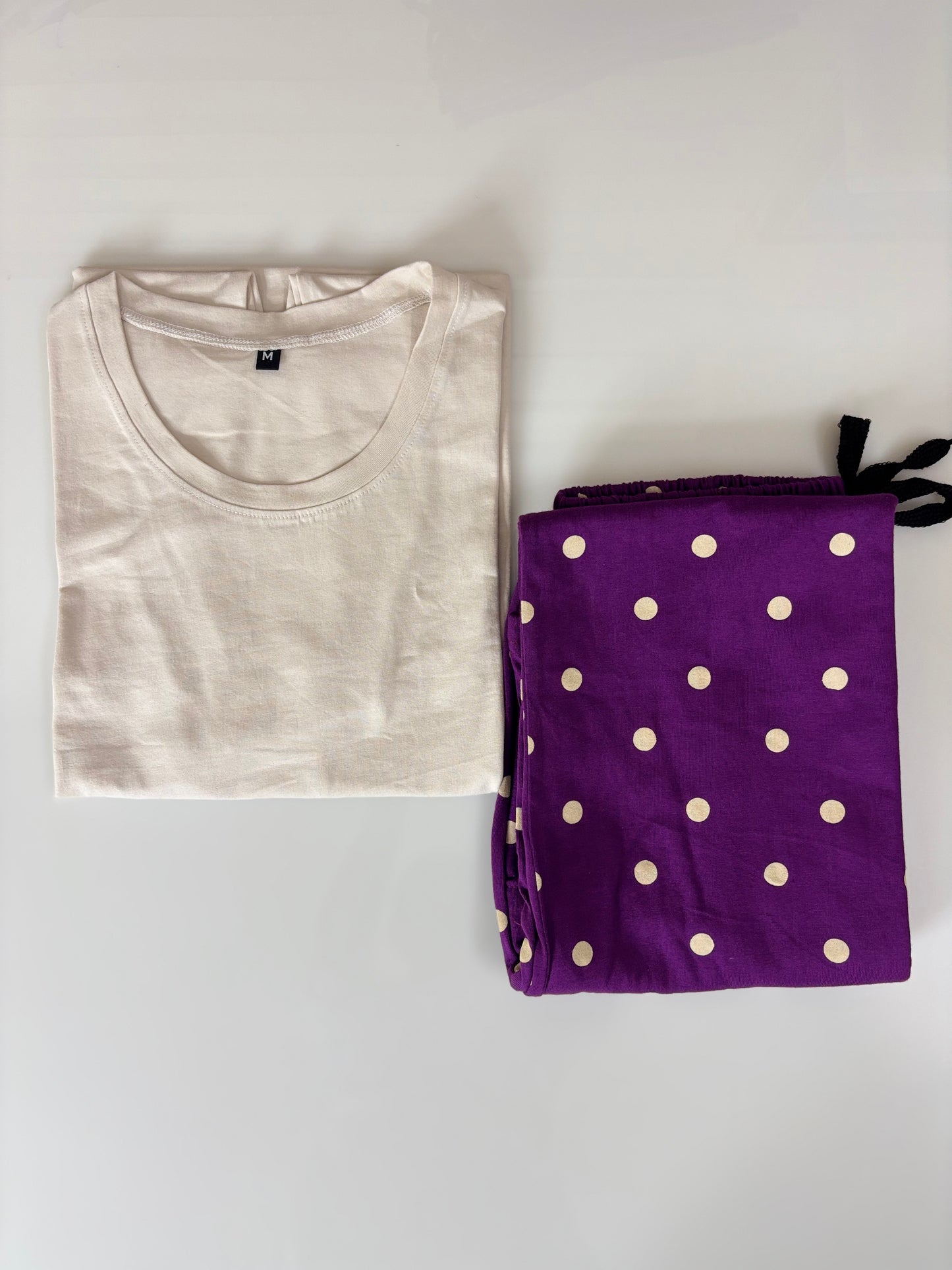White and Purple Polka Dot Printed T-shirt with Combo Pant Set