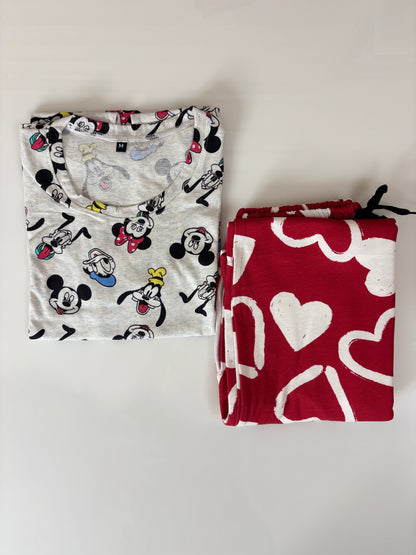 Grey and Red Cartoon Printed T-shirt with Combo Pant Set