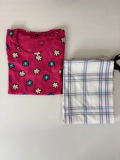 Pink and White Floral Printed T-shirt with Combo Pant Set